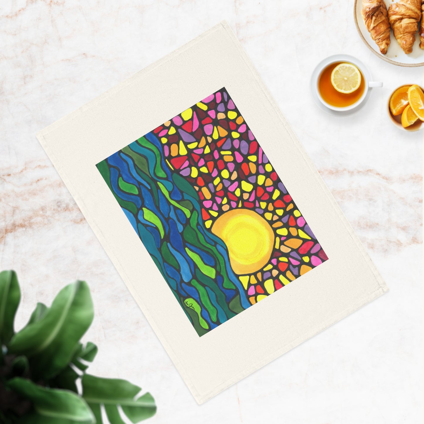 Bejeweled Sun Neurographic art organic tea towel
