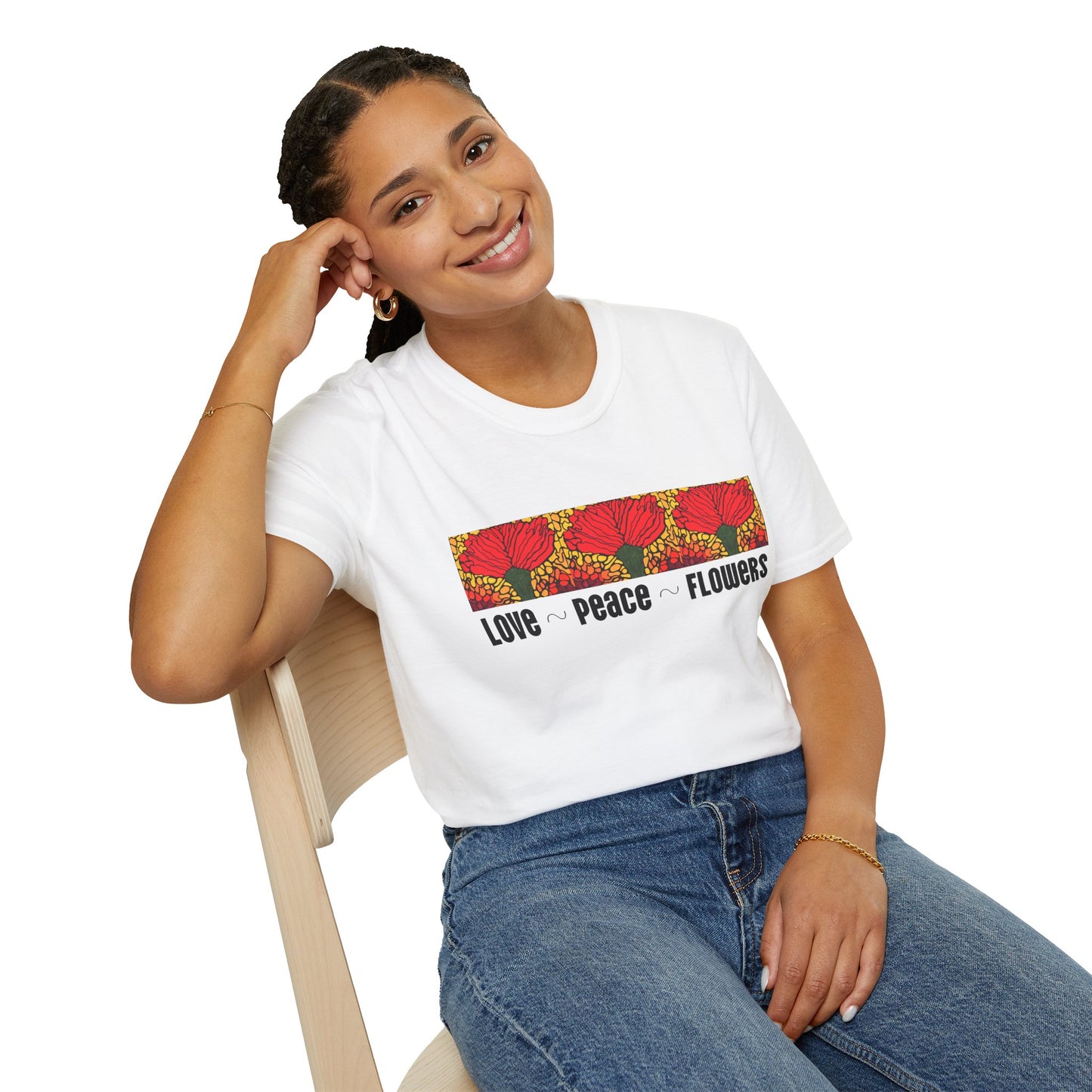 Love Peace Flowers Unisex Softstyle T-Shirt, Neurographic art