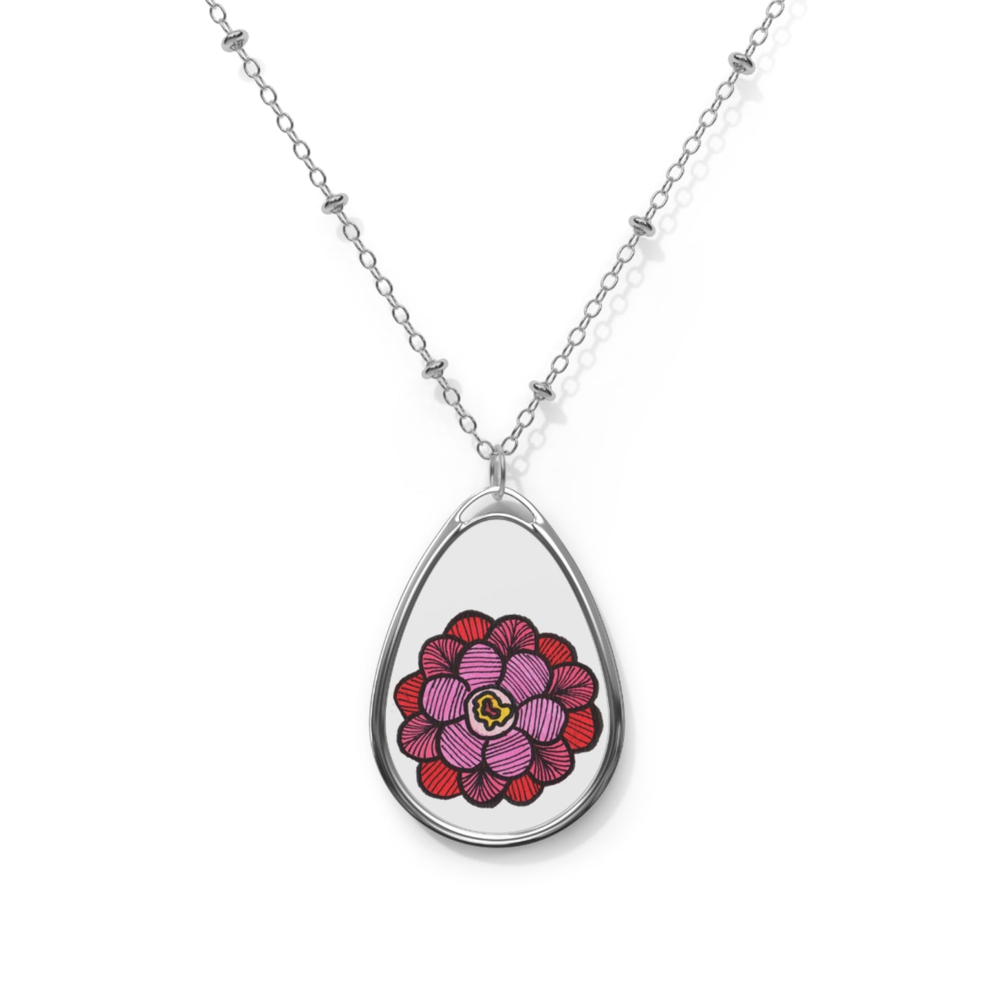 Floral Oval Necklace - Elegant Silver floral Pendant