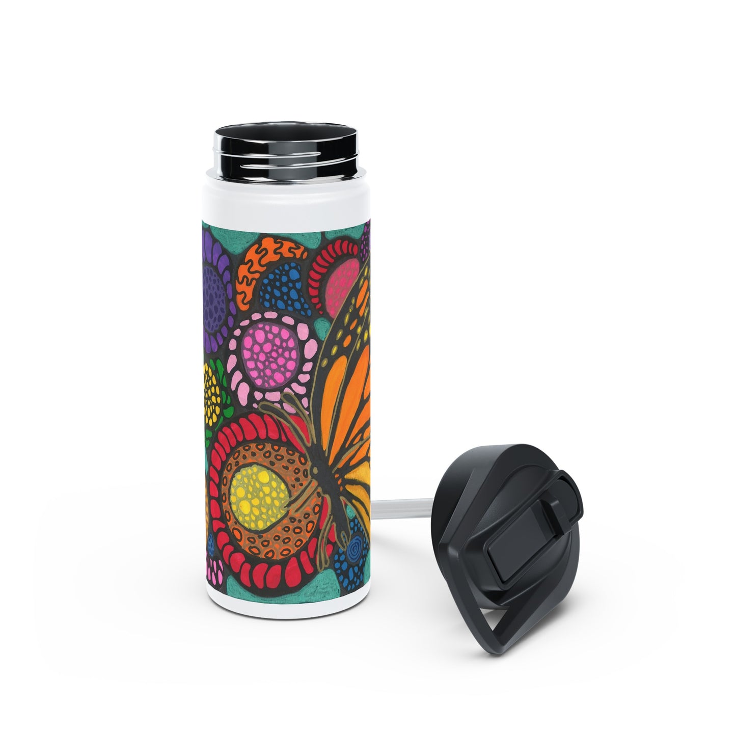 Stainless Steel Water Bottle with neurographic art Butterfly with flowers