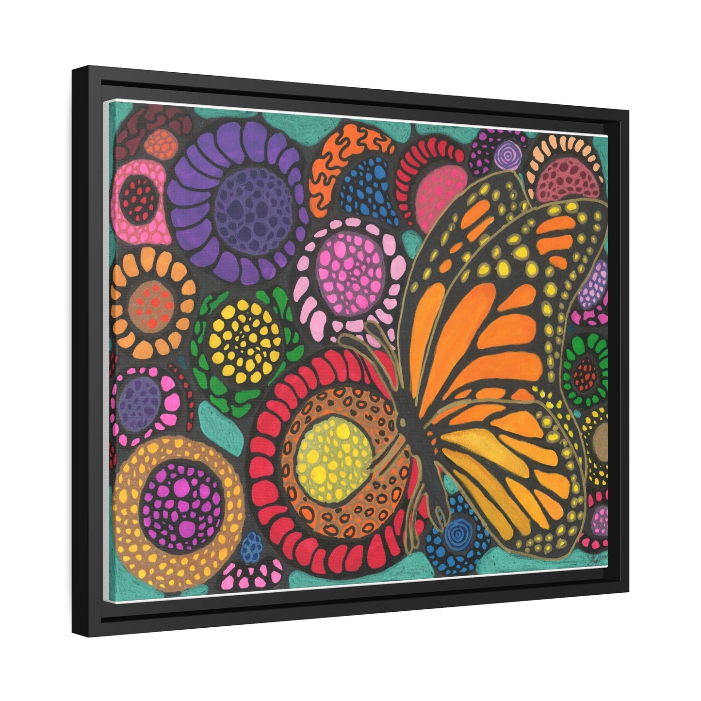 Butterfly with flowers on canvas with black wood frame