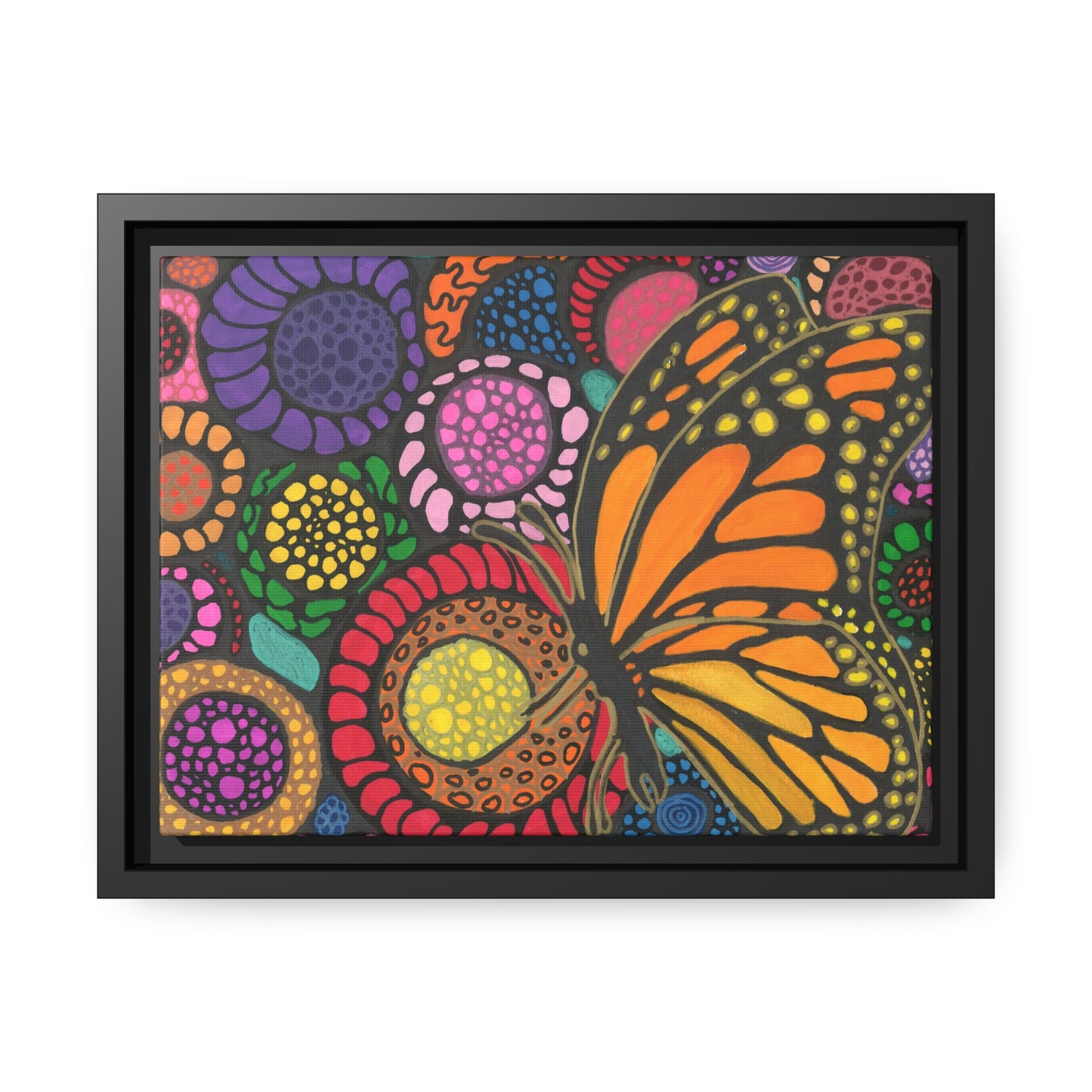 Butterfly with flowers on canvas with black wood frame