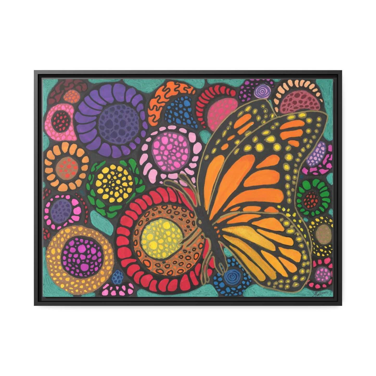 Butterfly with flowers on canvas with black wood frame