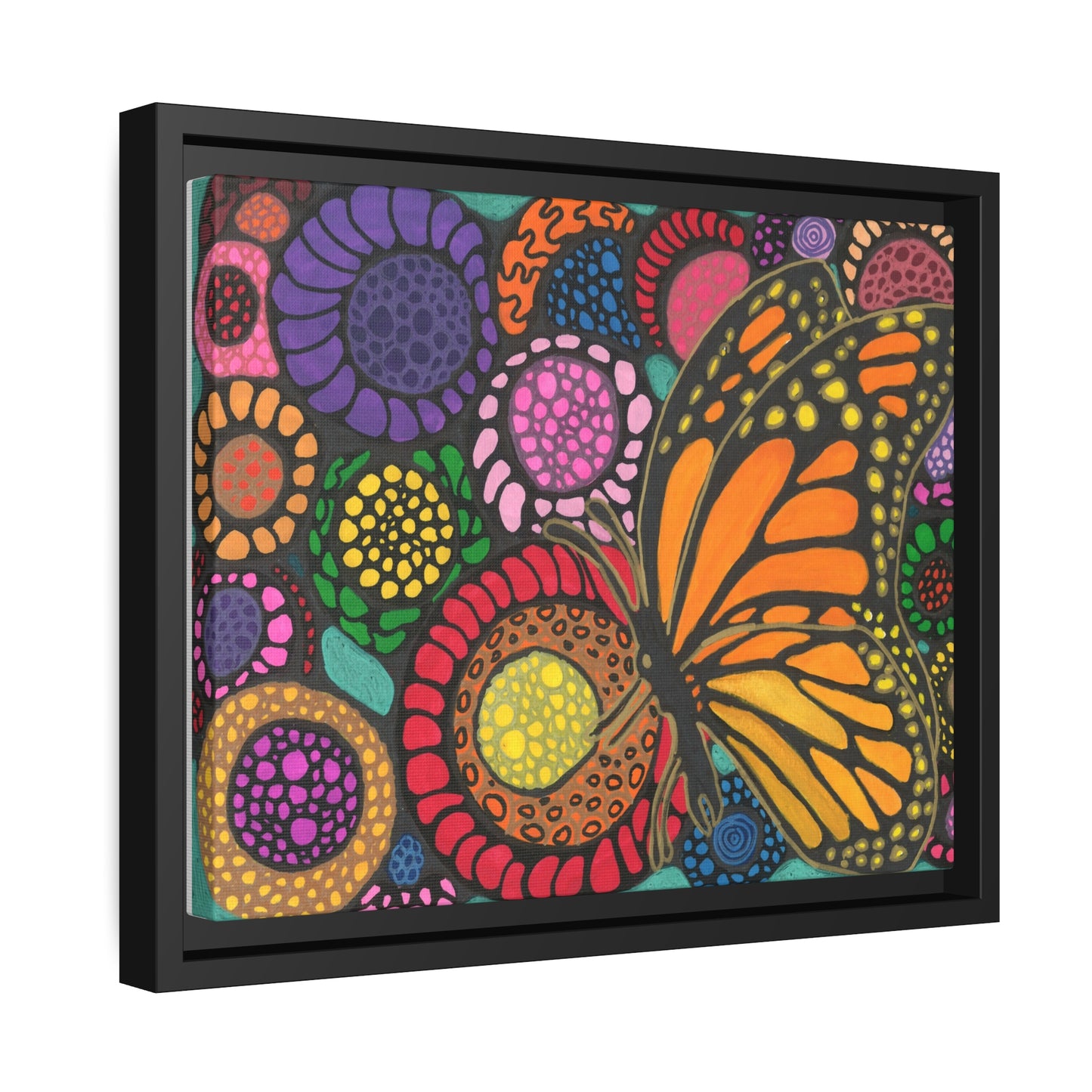 Butterfly with flowers on canvas with black wood frame