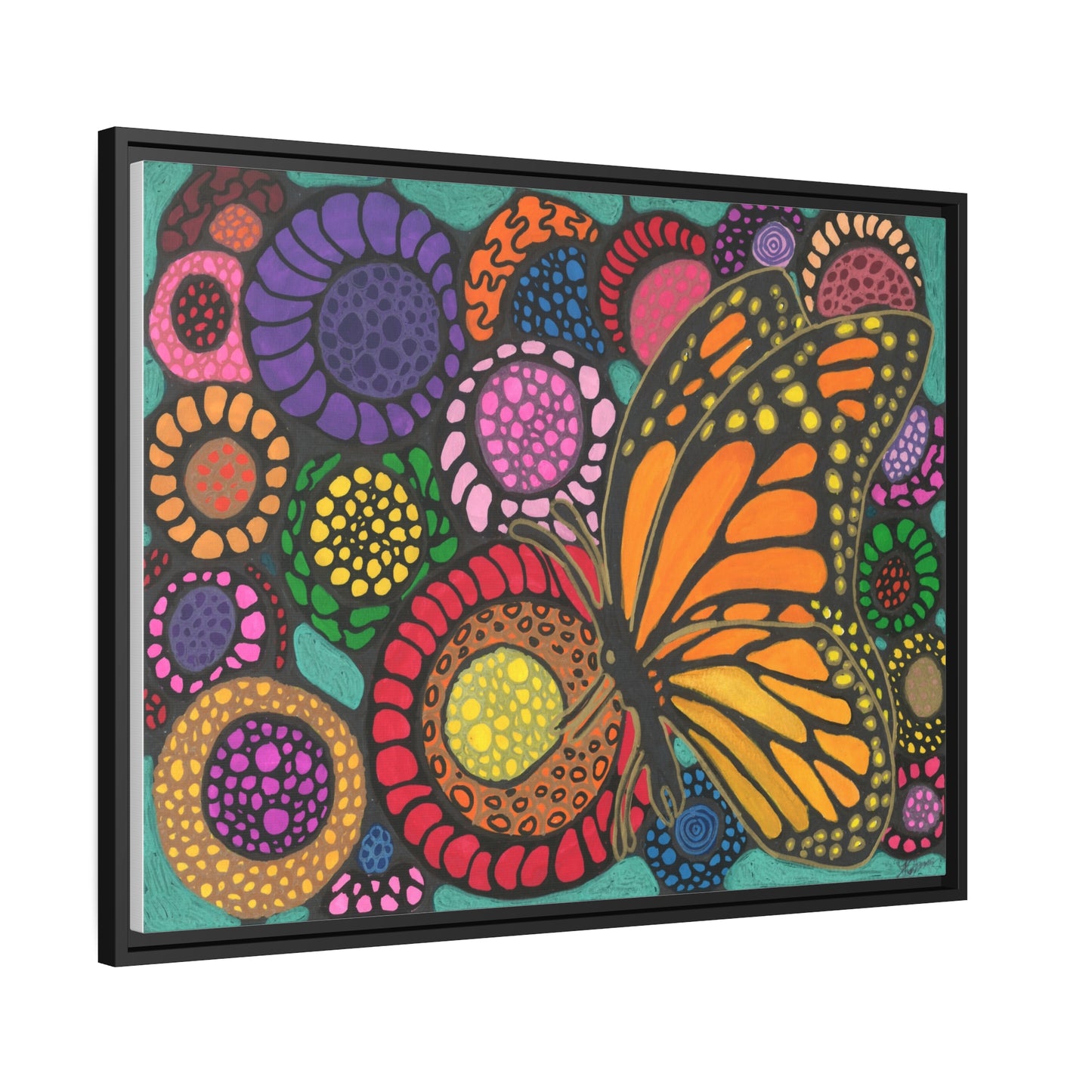 Butterfly with flowers on canvas with black wood frame