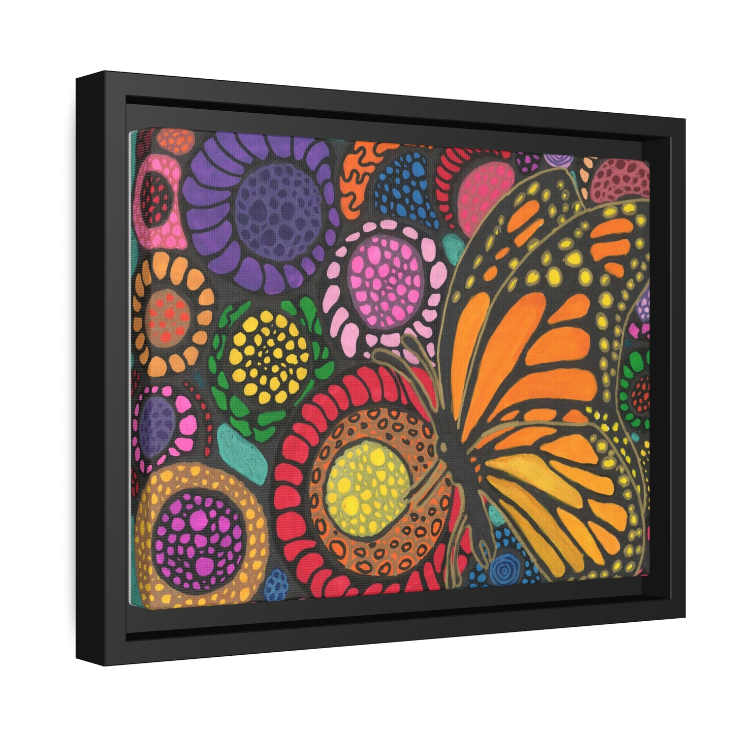 Butterfly with flowers on canvas with black wood frame