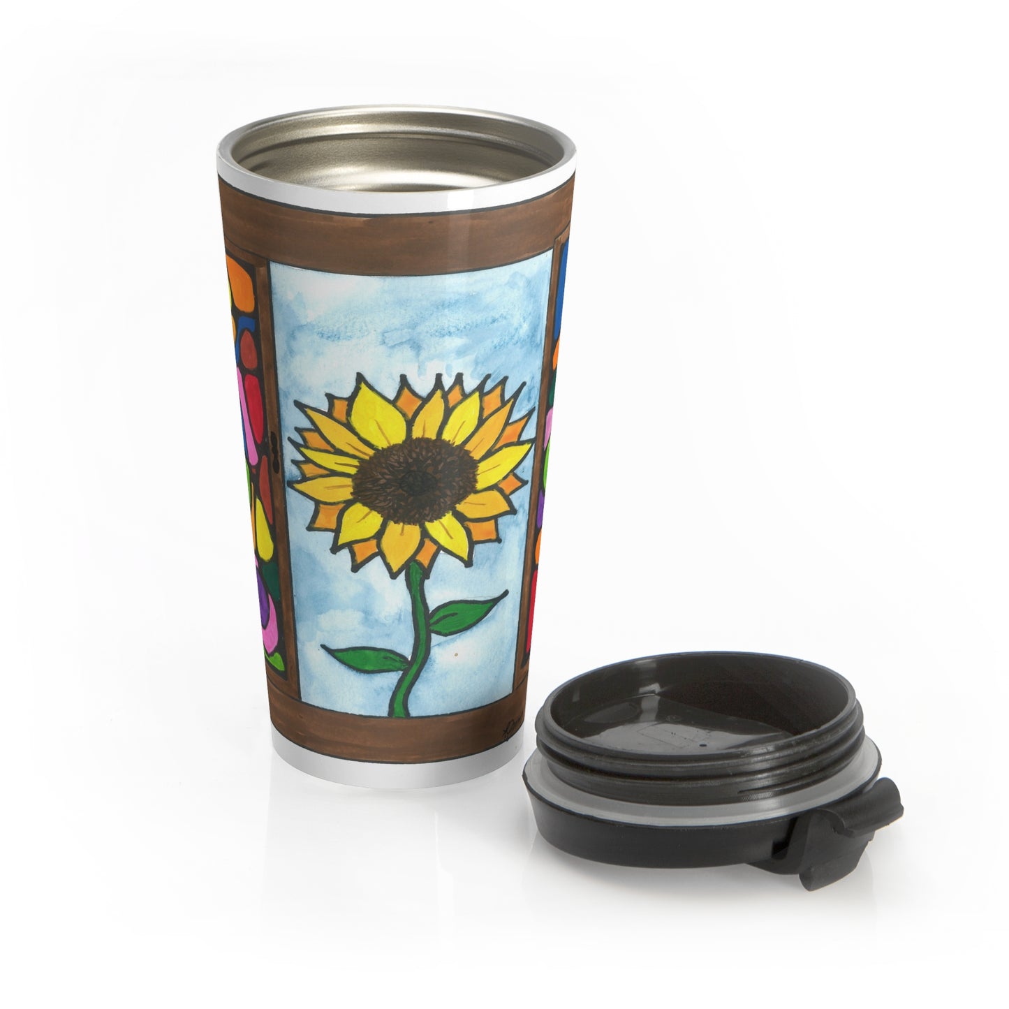 Neurographic art travel cup with Sunflower in a stained glass window