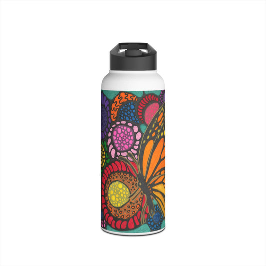 Stainless Steel Water Bottle with neurographic art Butterfly with flowers