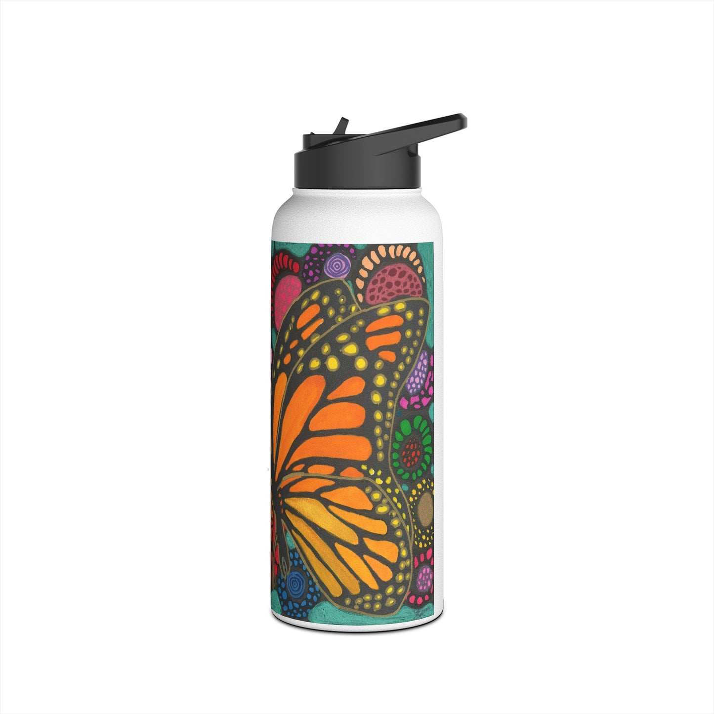 Stainless Steel Water Bottle with neurographic art Butterfly with flowers