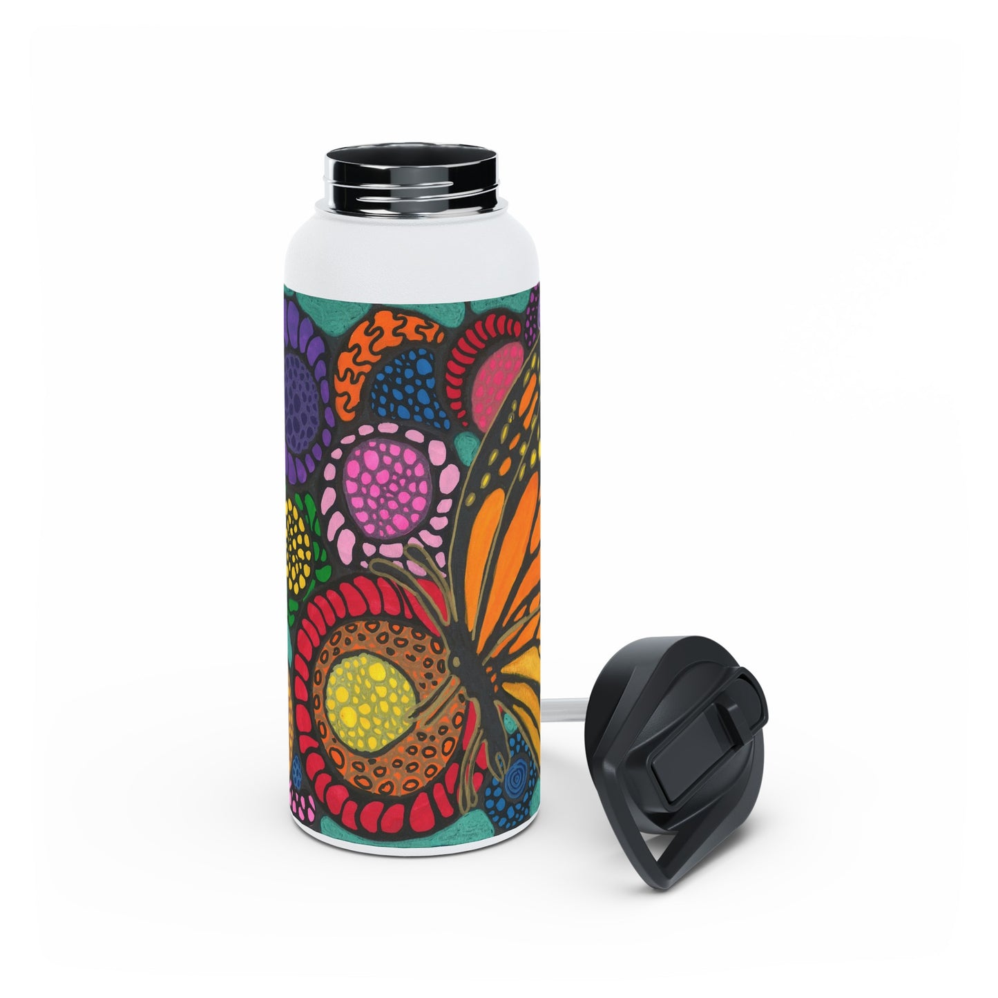 Stainless Steel Water Bottle with neurographic art Butterfly with flowers