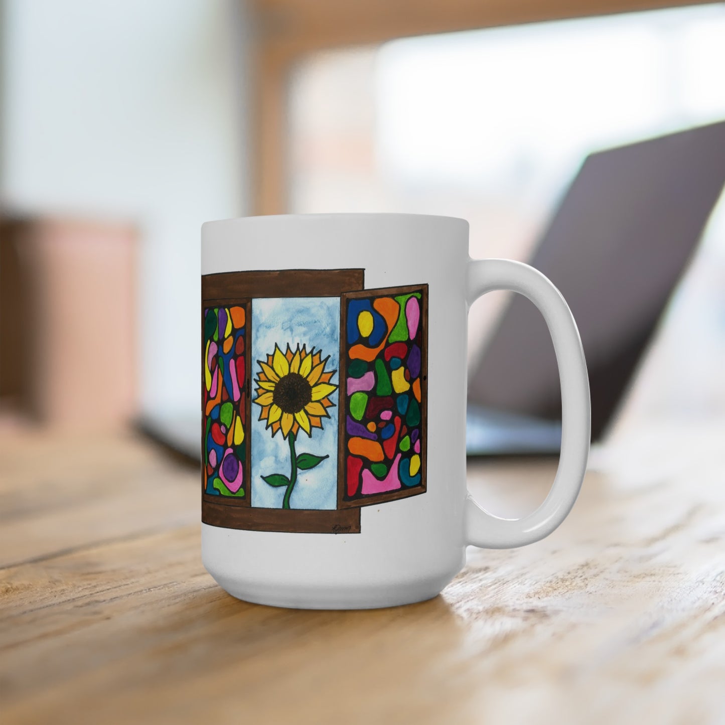 Flower through an open window mug