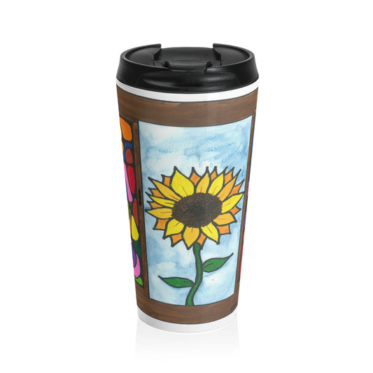 Neurographic art travel cup with Sunflower in a stained glass window